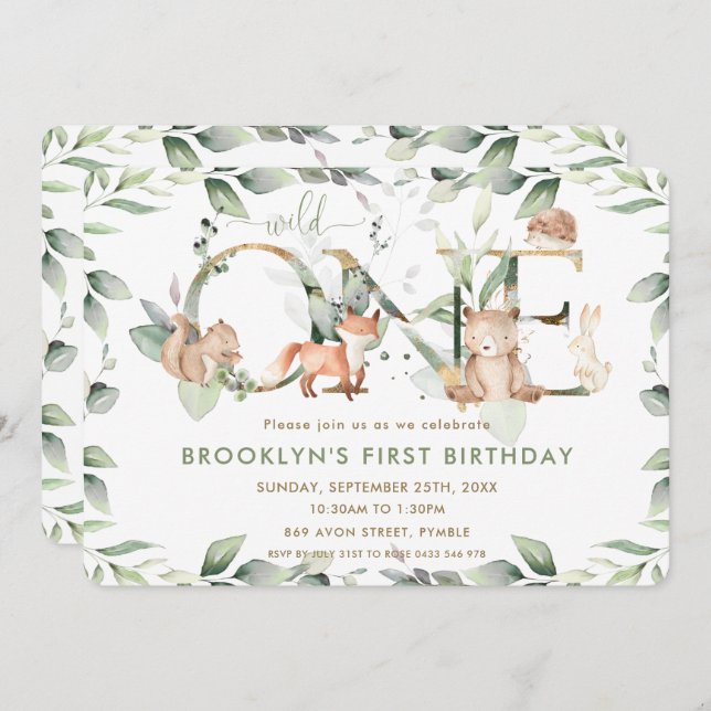 Woodland Animals Greenery 1st Birthday Wild One Invitation (Front/Back)