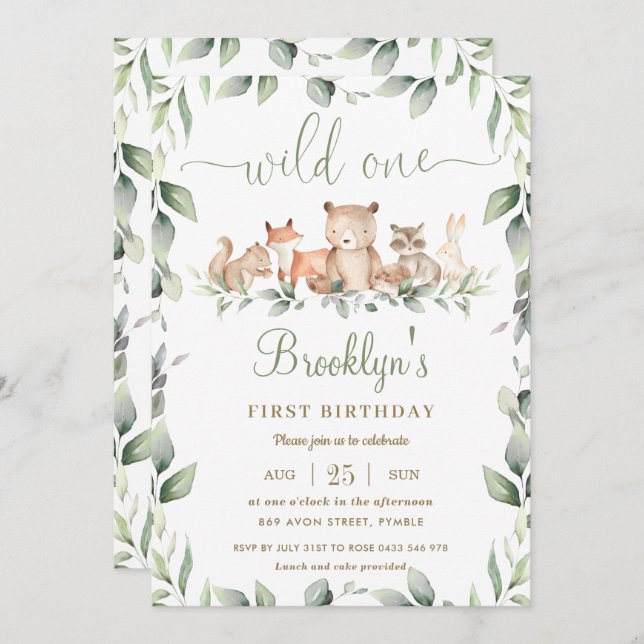 Woodland Animals Greenery 1st Birthday Wild One Invitation (Front/Back)