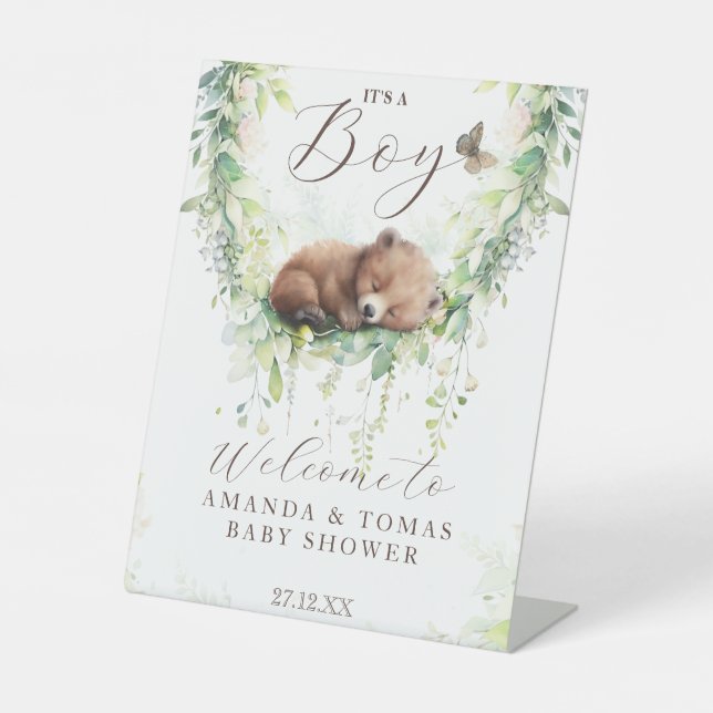 Woodland Animals Greenery Baby Boy Shower Welcome Pedestal Sign (Front)