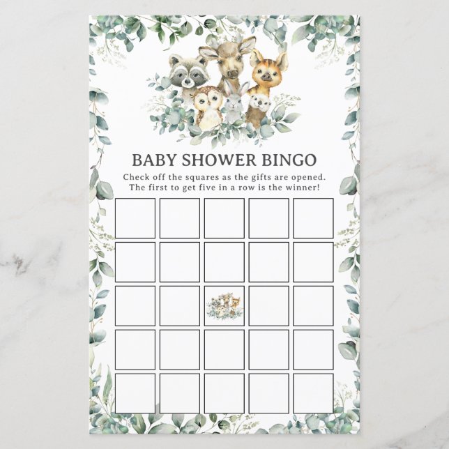 Woodland Animals Greenery Baby Shower Bingo Game (Front)