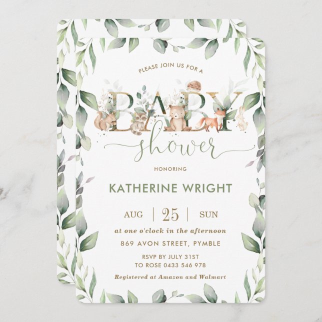 Woodland Animals Greenery Baby Shower Boy Girl Invitation (Front/Back)