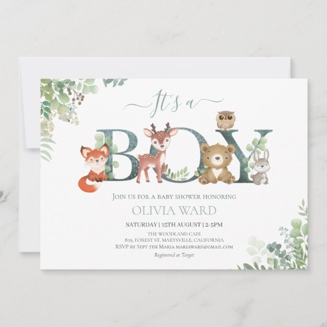 Woodland Animals Greenery Baby Shower Invitation (Front)