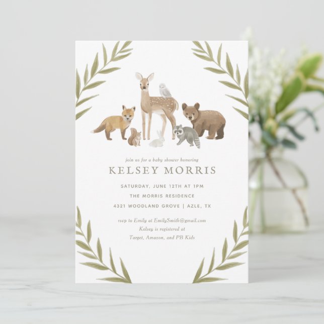 Woodland Animals Greenery Baby Shower Invitation (Standing Front)