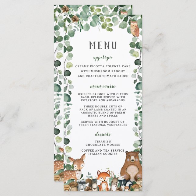 Woodland Animals Greenery Baby Shower Party Menu (Front/Back)