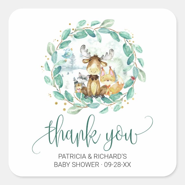 Woodland Animals Greenery Baby Shower Thank You Square Sticker (Front)