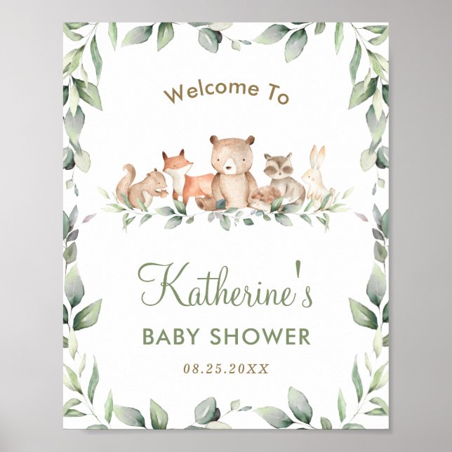 Woodland Animals Greenery Baby Shower Welcome Sign (Front)