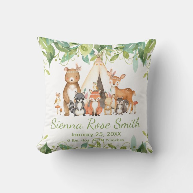 Woodland Animals Greenery Birth Stats Room Decor Cushion (Front)