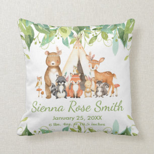 Woodland Animals Greenery Birth Stats Room Decor Cushion