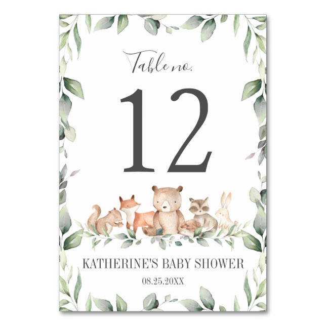 Woodland Animals Greenery Birthday Baby Shower Table Number (Front)