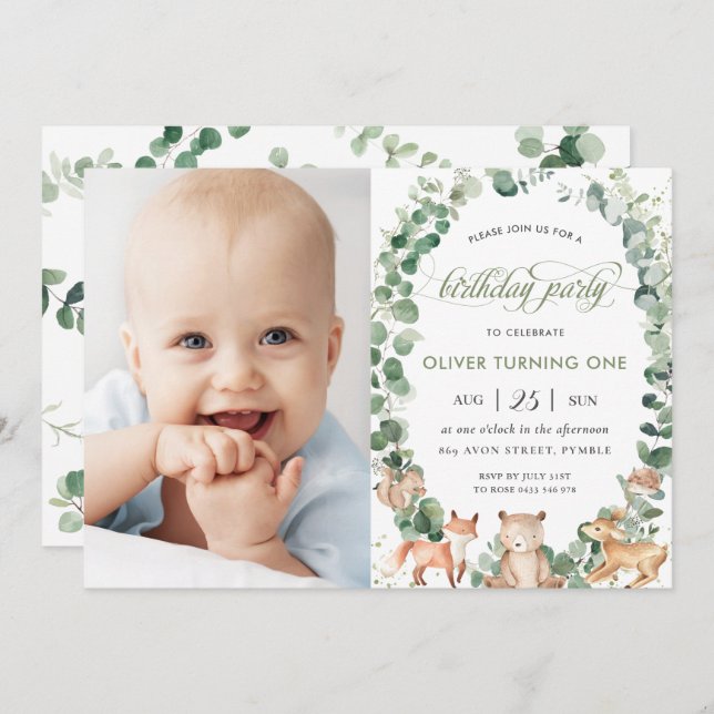 Woodland Animals Greenery Birthday Party Photo  Invitation (Front/Back)