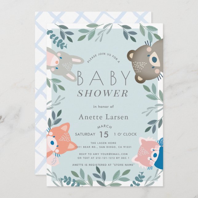 Woodland Animals Greenery Blue Boy Baby Shower Invitation (Front/Back)