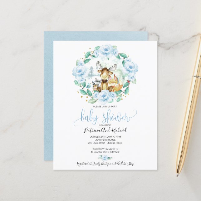 Woodland Animals Greenery Budget Baby Shower (Front/Back In Situ)