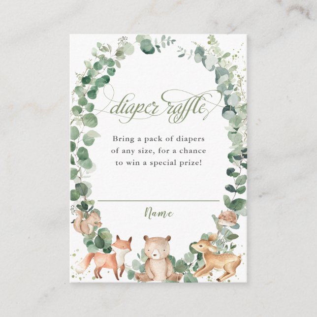 Woodland Animals Greenery Diaper Raffle Ticket    Enclosure Card (Front)
