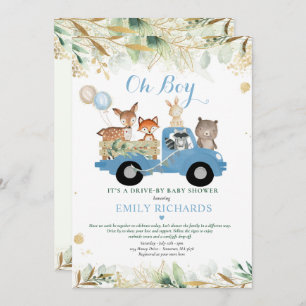 Woodland Animals Greenery Drive By Baby Shower Invitation