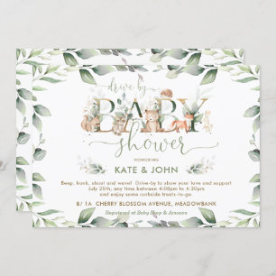 Woodland Animals Greenery Drive By Baby Shower Invitation