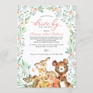 Woodland Animals Greenery Drive By Baby Shower Invitation