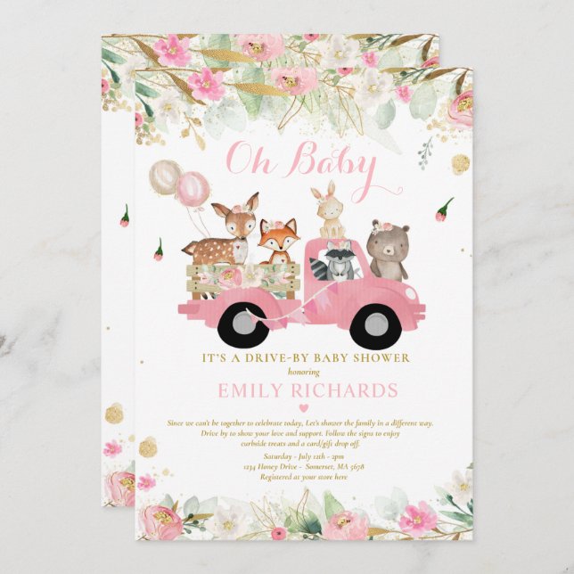 Woodland Animals Greenery Drive By Baby Shower Invitation (Front/Back)
