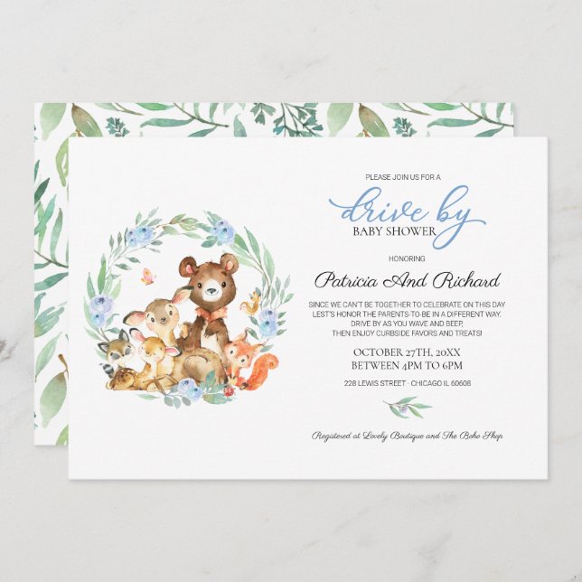 Woodland Animals Greenery Drive By Baby Shower Invitation (Front/Back)