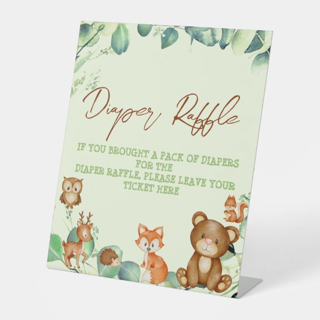 Woodland Animals Greenery Eucalyptus Diaper Raffle Pedestal Sign (Front)