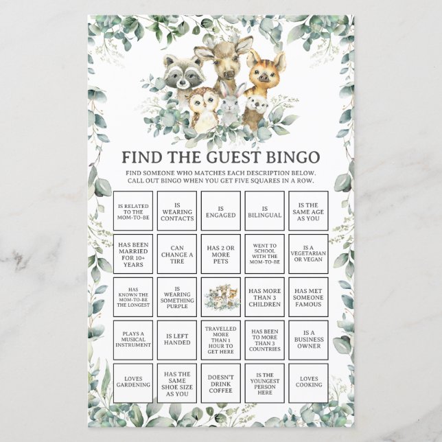 Woodland Animals Greenery Find the Guest Bingo (Front)