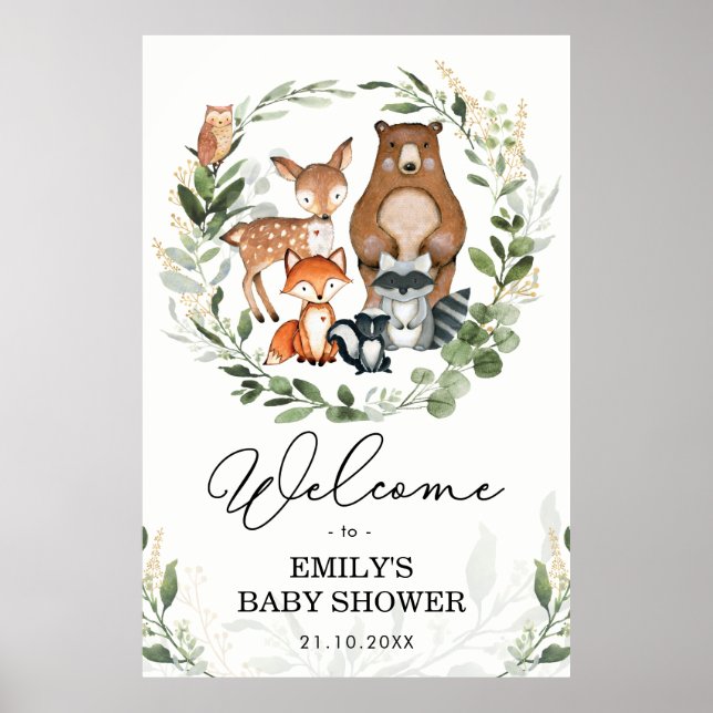 Woodland Animals Greenery Gold Forest Welcome Baby Poster (Front)