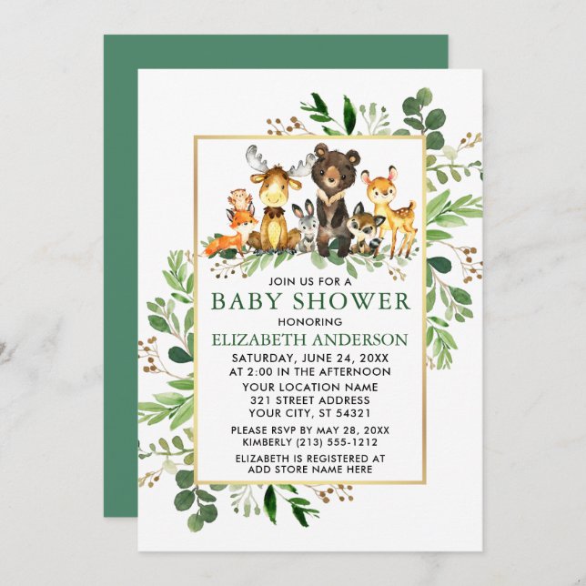 Woodland Animals Greenery Gold Frame Baby Shower Invitation (Front/Back)