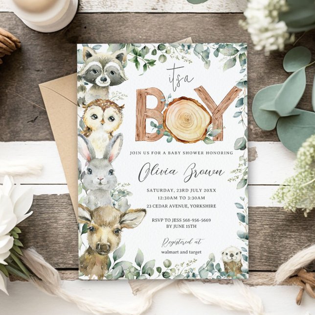 Woodland Animals Greenery Wood Boy Baby Shower  Invitation (Creator Uploaded)