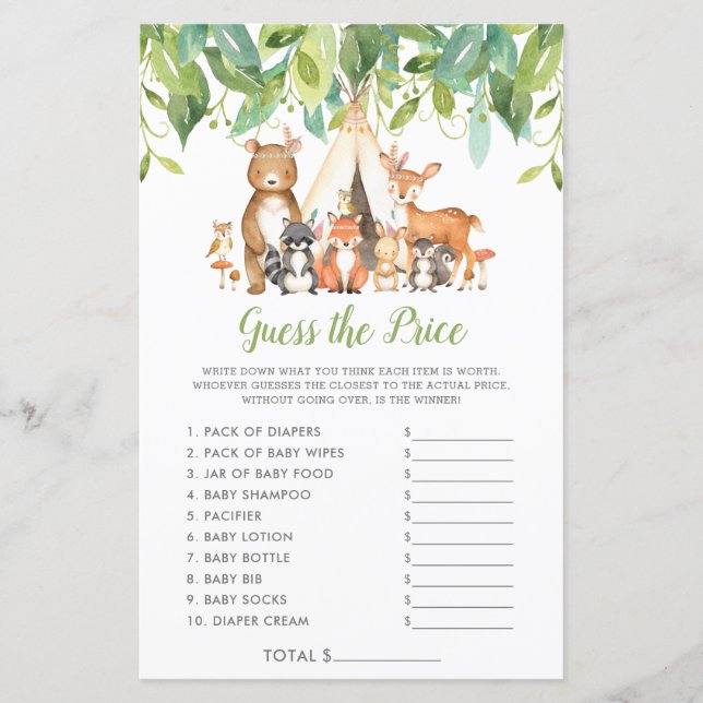 Woodland Animals Guess the Price Baby Shower Game (Front)