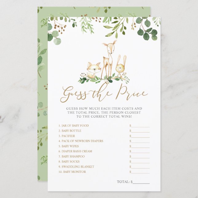 Woodland Animals Guess the Price Baby Shower Game (Front/Back)