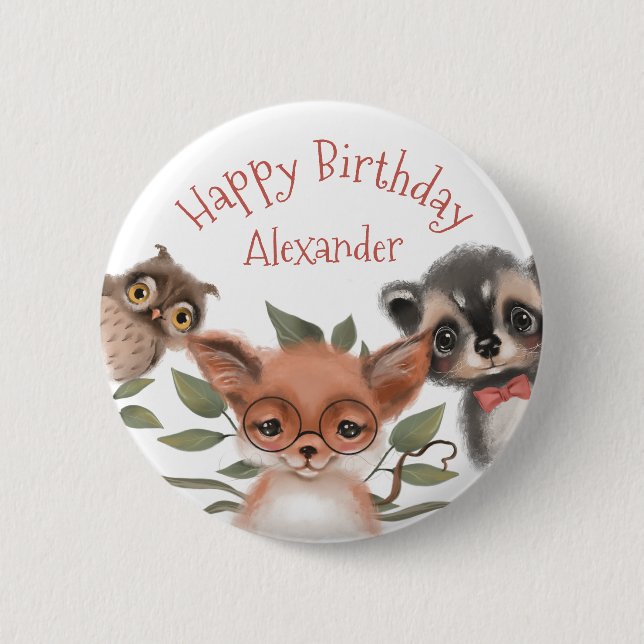 Woodland Animals Happy Birthday for Boy 6 Cm Round Badge (Front)
