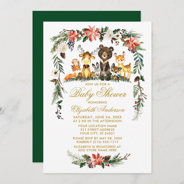 Woodland Animals Holiday Baby Shower Gold Invitation (Front/Back)