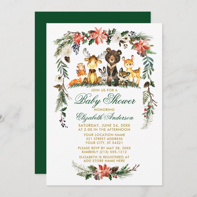 Woodland Animals Holiday Baby Shower Green Gold Invitation (Front/Back)