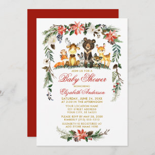 Woodland Animals Holiday Baby Shower Red Gold Invitation