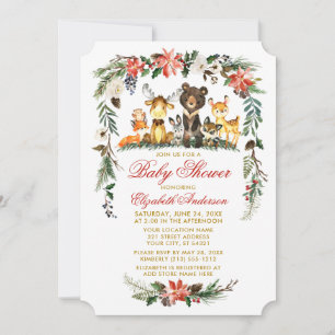 Woodland Animals Holiday Red Gold Baby Shower Invitation