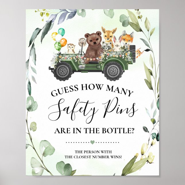 Woodland Animals How Many Safety Pins Shower Game Poster (Front)
