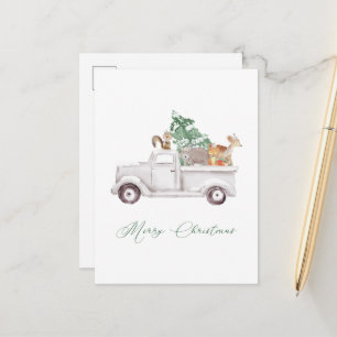 Woodland Animals in White Truck Holiday Postcard