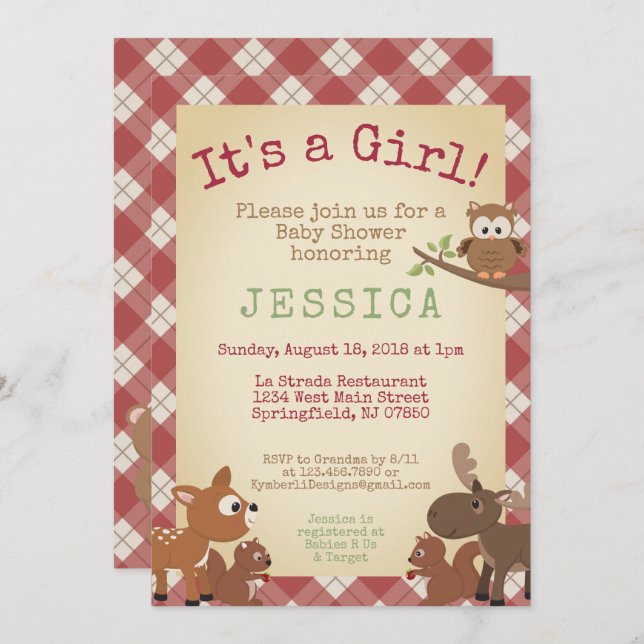 Woodland Animals It's a girl! baby shower Invitation (Front/Back)