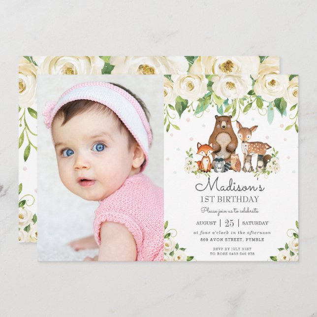 Woodland Animals Ivory Floral 1st Birthday Photo Invitation (Front/Back)