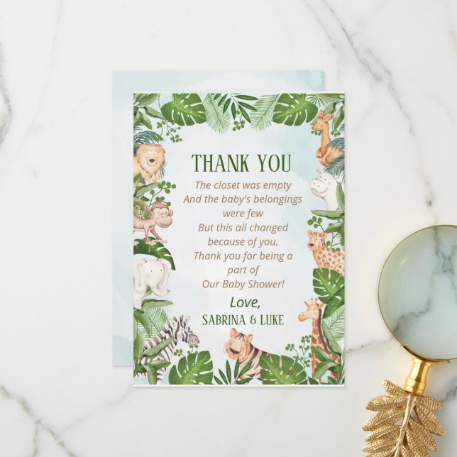 Woodland Animals Jungle Greenery Baby Shower  Thank You Card (Front/Back In Situ)