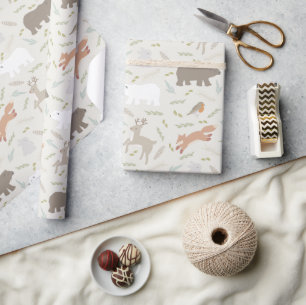 Woodland Animals & Leaf Pattern Beige Wrapping Paper