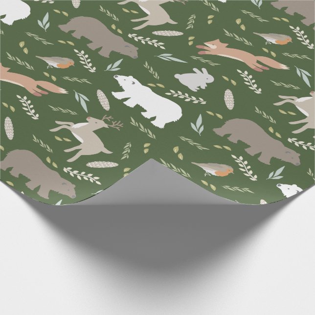 Woodland Animals & Leaf Pattern Forest Green Wrapping Paper (Corner)