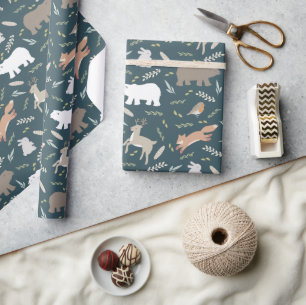 Woodland Animals & Leaf Pattern Navy Blue Wrapping Paper