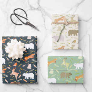 Woodland Animals & Leaf Pattern Wrapping Paper Sheet