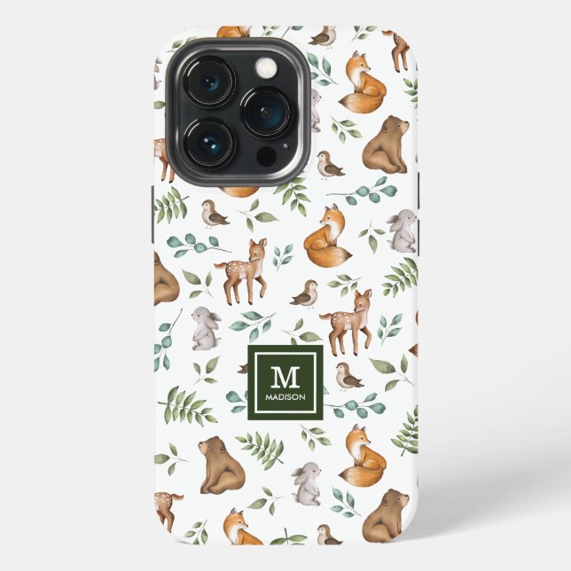 Woodland Animals Leafy Forest Pattern Monogram iPhone Case (Back)