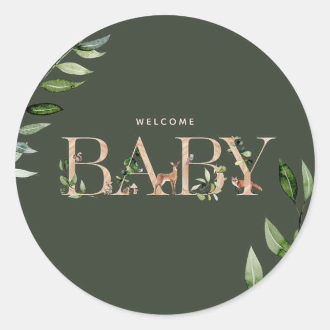 Woodland Animals Lettering Baby Shower Classic Round Sticker (Front)
