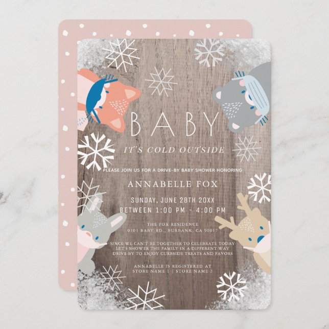 Woodland Animals Mask Pink Drive-by Baby Shower Invitation (Front/Back)