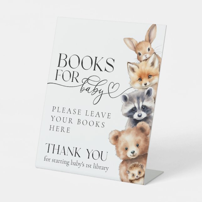 Woodland Animals Modern Baby Shower Books Pedestal Sign (Front)