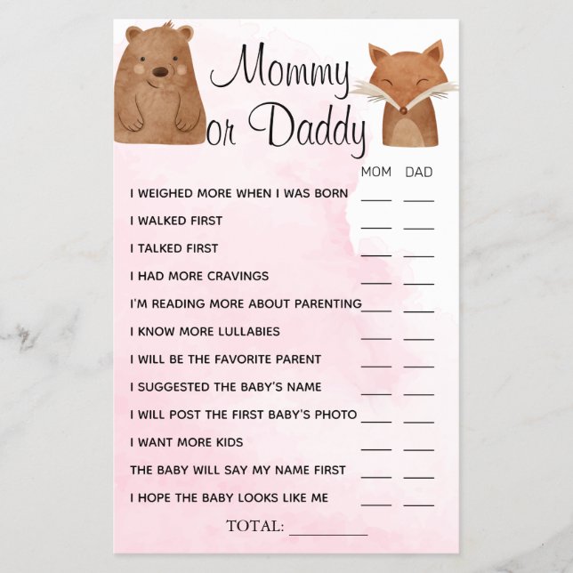 Woodland Animals Mommy or Daddy Shower game card (Front)