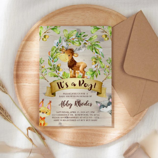 Woodland Animals Moose Fox Racoon Baby Shower Invitation (Creator Uploaded)