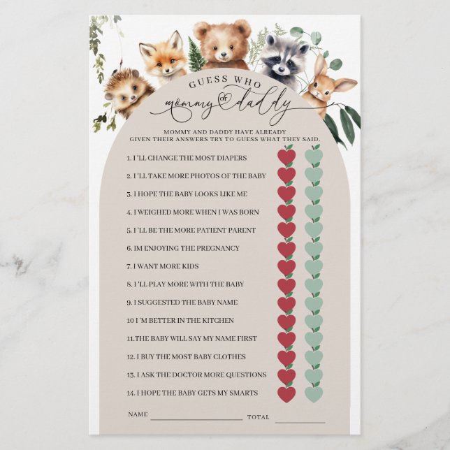Woodland Animals Mum or Dad Baby Shower Game (Front)